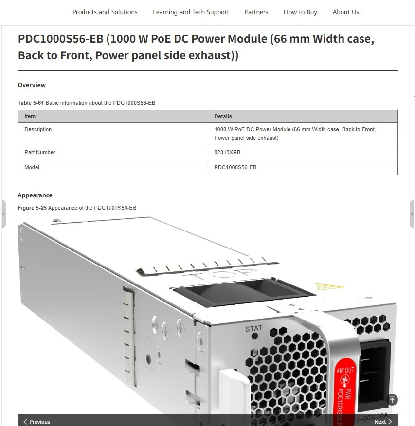PDC1000S56-EB (1000 W PoE DC Power Module (66 mm Width case, Back to Front, Power panel side exhaust)) 02313XRB