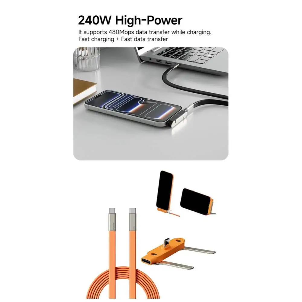 240W Type C Fast Charging Cable 2-in-1 Invisible Holder Removable Stand Liquid Silicone Cable 480Mbps Data Transmission