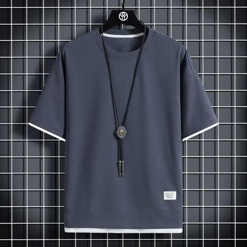 

Little Clothing Waffle Round Neck Short Sleeve Men's Summer New Fake Two-piece Loose Ice Silk Thin Five-point Sleeve