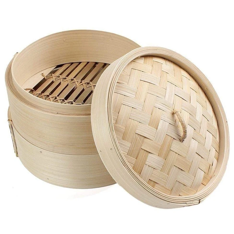 Ensemble de cuiseur à vapeur en bambou avec couvercle, panier Dim Sum, cuiseur à pâtes de riz, panier à vapeur, 2 niveaux, 8 po