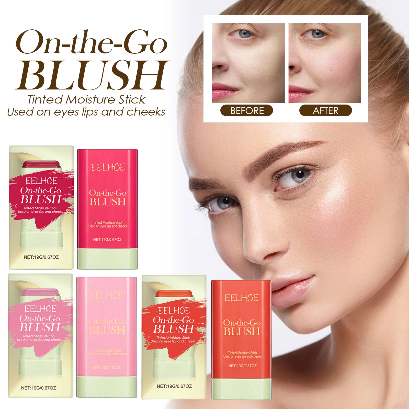 Barra de Rubor Multiusos, Rubor en Crema, Resistente al Agua, Larga Duración, Alta Pigmentación, Maquillaje Portátil para Ojos, Labios y Mejillas