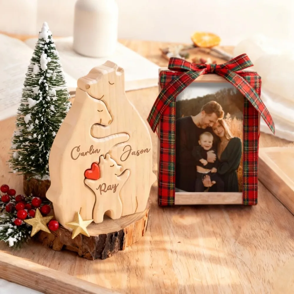 Benutzerdefiniertes Familienpuzzle aus Holz mit Bärenmotiv, personalisierte Holzskulptur mit graviertem Namen – perfekte Weihnachtsgeschenke für Papa von Kindern