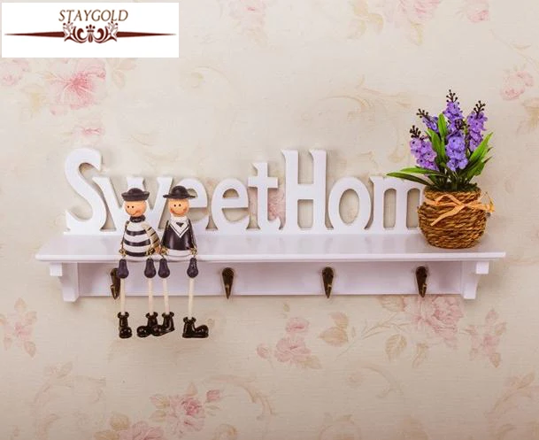 Wooden Letters Hollow Storage White Wall Hook Key Holder Wood Storage Holders Shelf Home Decoration 4 Hooks Diy 47*9*16.5 Cm