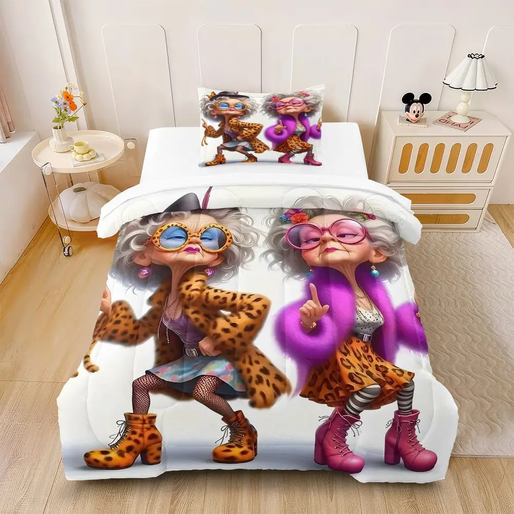 Funny Leopard Granny Cartoon Quilt Comforter Set Bedding Set Pillowcase HD Digital Print Trendy Adult Bedroom Bedding