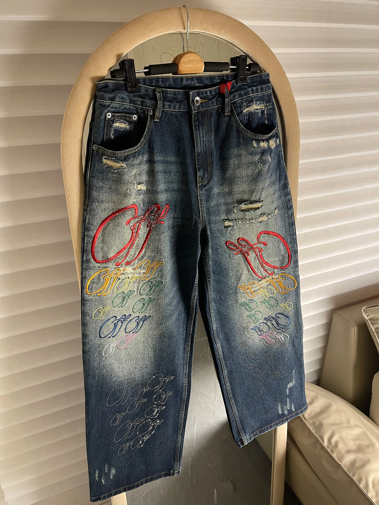 

Parisian Sle Heavy Embroidery Rhinestone Denim Jeans Men's Loose Straight Wide Leg Long Pants American Sle Distred