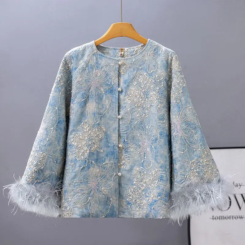 Vintage Coat Floral Embroidery Pearls Buttons Feathers Patchwork Long Sleeves Jacket Women Tops Spring Autumn Outerwear Harajuku