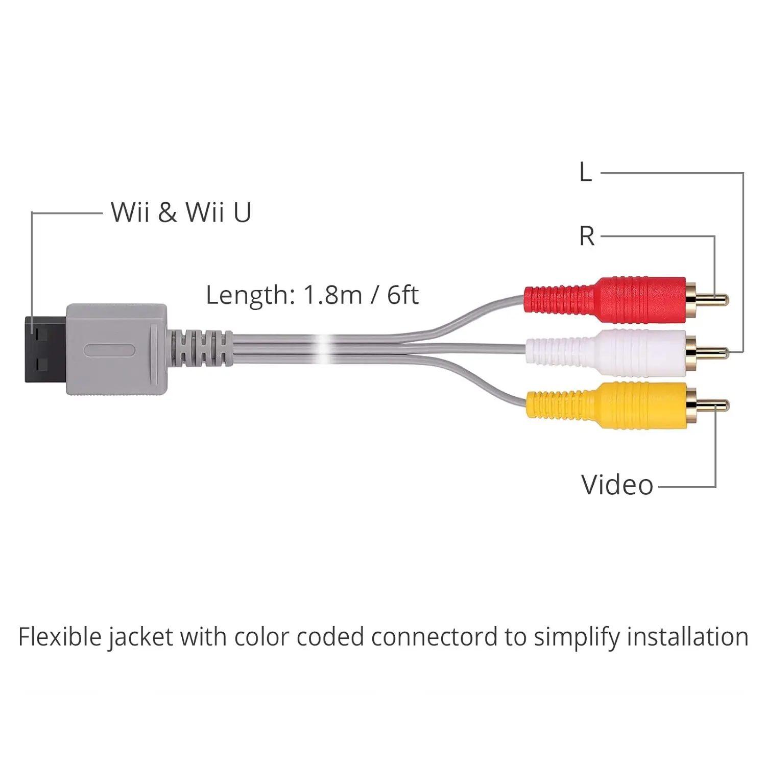 كابل Wii/Wii U AV بطول 6 أقدام، سلك قياسي AV مركب 1.8 متر Retro 3 RCA مطلي بالذهب للصوت والفيديو AV لجهاز Nintendo Wii Wii U