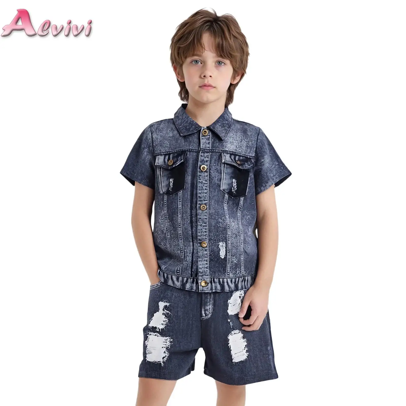

Kids Boys New Imitation Denim Outfit Digital Print Lapel Short Sleeve Shirt Shorts Version Trend Retro For Boys Outdoor 2 Sets