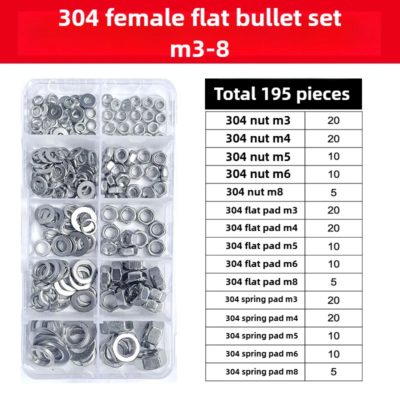 

Veekaft Stainless 195pcs steel 304 hexagonal wall-through screw, nut, and washer set, complete accessories M3M4M5M6M8