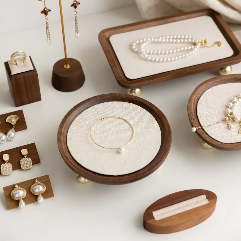 Walnut Wood Jewelry Tray Bracelets Necklaces Display Ring Earrings Storage Trays for Display Window Counter Jewelry Photo Props