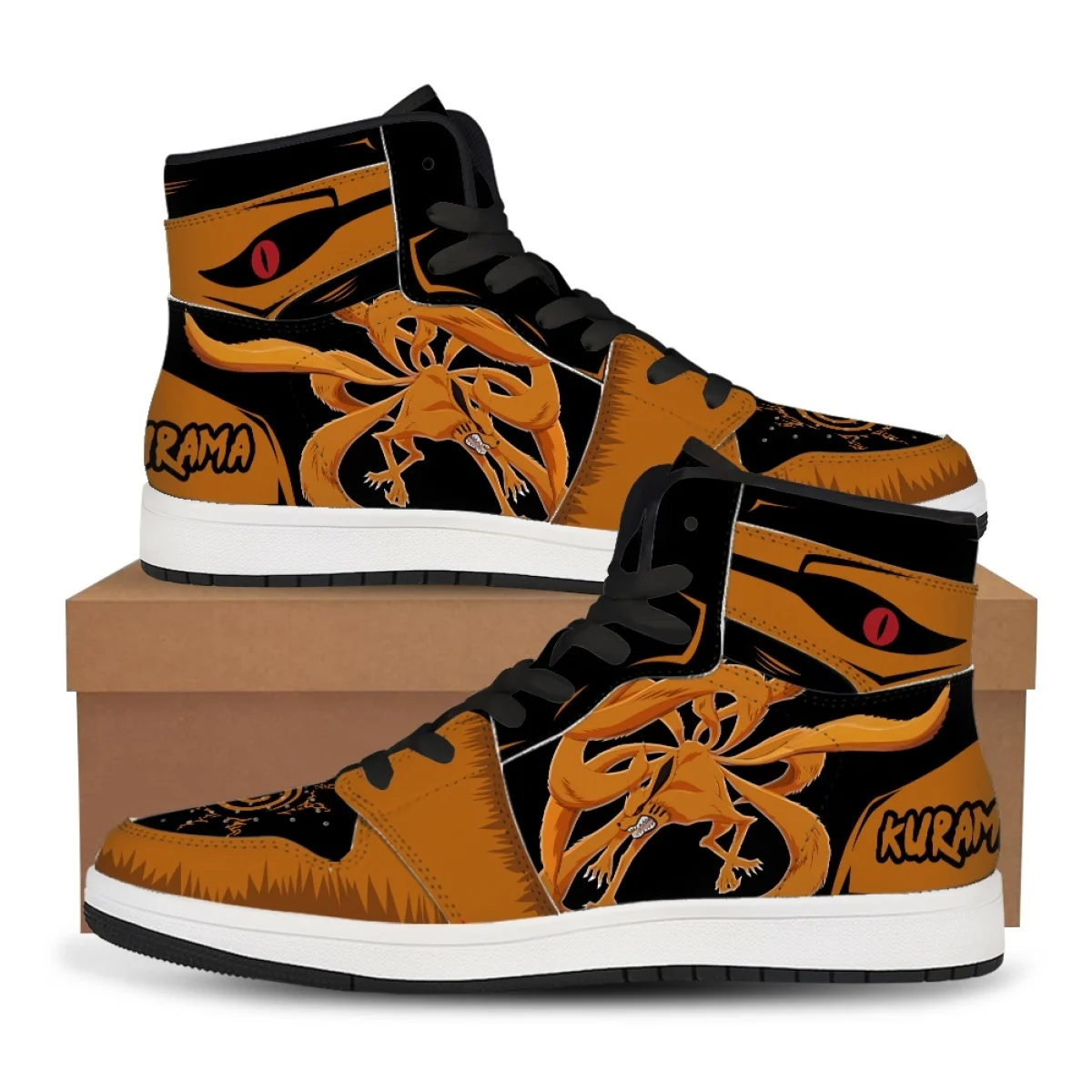 Naruto Kurama Nine Tails Full Body Demon Fox Print High Top Sneaker Shoes Brown Black Color Block Sharingan Eye Detail Anime Bas view 2
