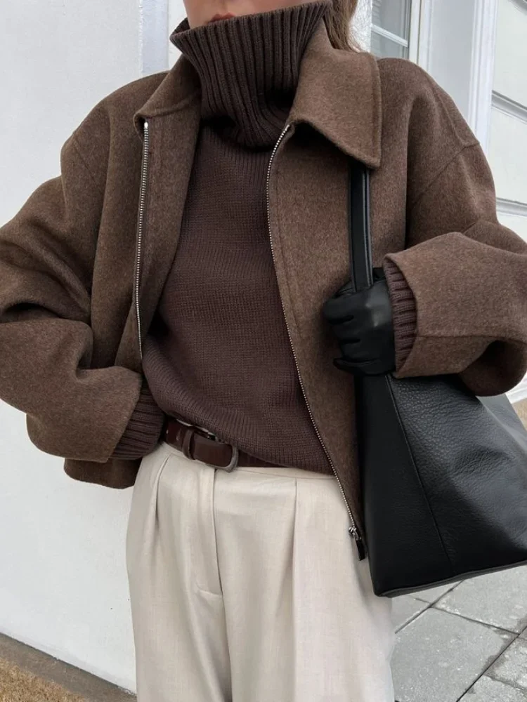 Lapel Zipper Woolen Coat Short Jacket Wool Outwear Top Casual Baggy Minimalism Elegant Cashmere Overcoat Women's Clothing Spring