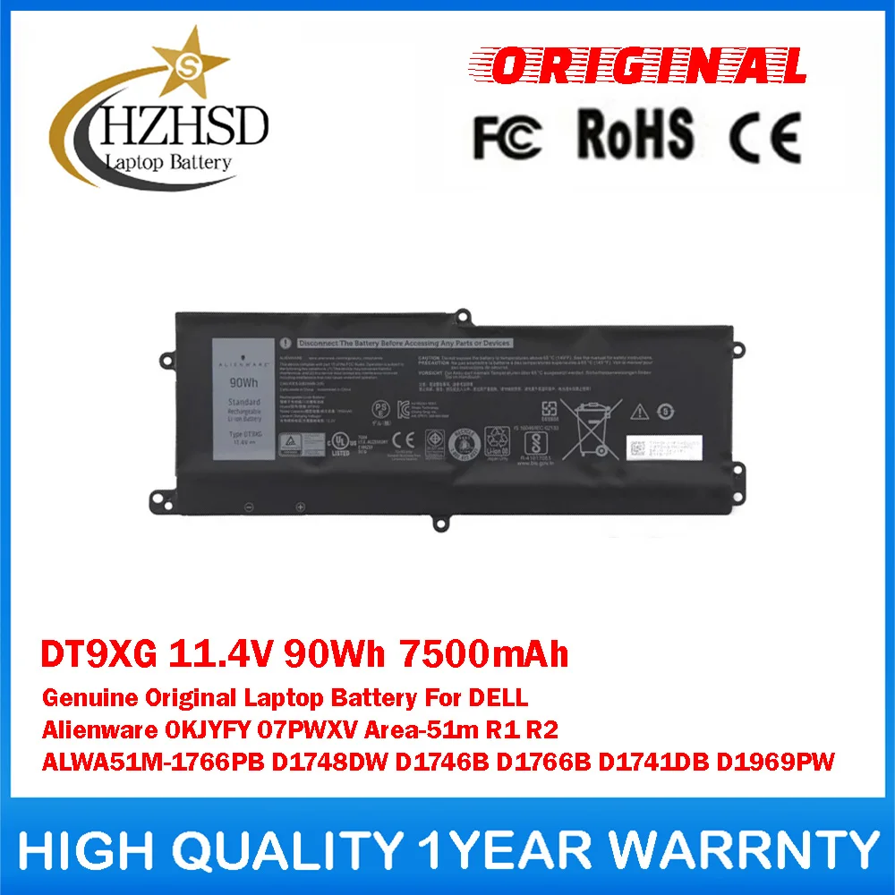 DT9XG 11.4V 90Wh 7500mAh Genuine Original Laptop Battery For DELL Alienware 0KJYFY 07PWXV Area-51m R1 R2 ALWA51M-1766PB D1748DW