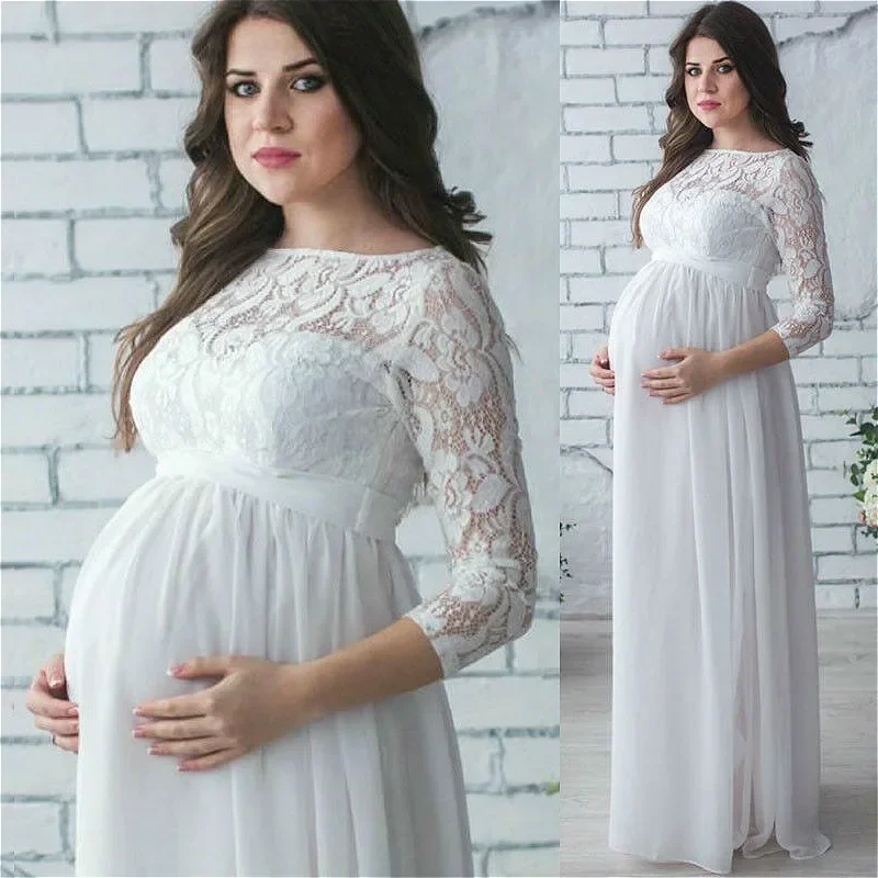 Robe longue en dentelle à manches longues pour femmes enceintes, vêtements de grossesse, vêtements de soirée, accessoires de photographie