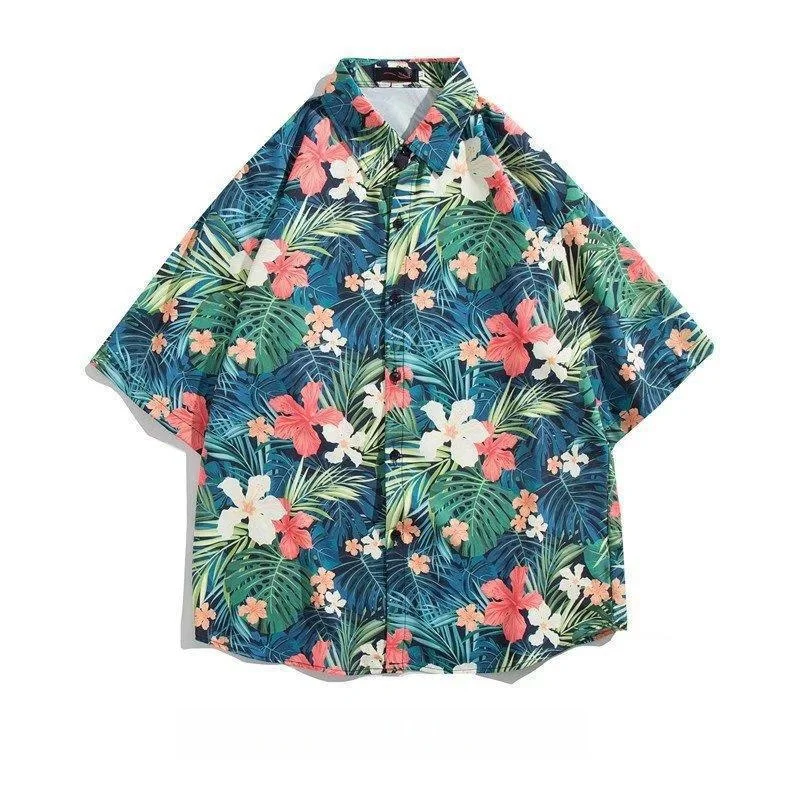 Men's Summer Seaside Vacation Retro Hawaiian Printed Short Sleeve Shirt Loose Casual Handsome Beach Travel Floral Shirt Coat