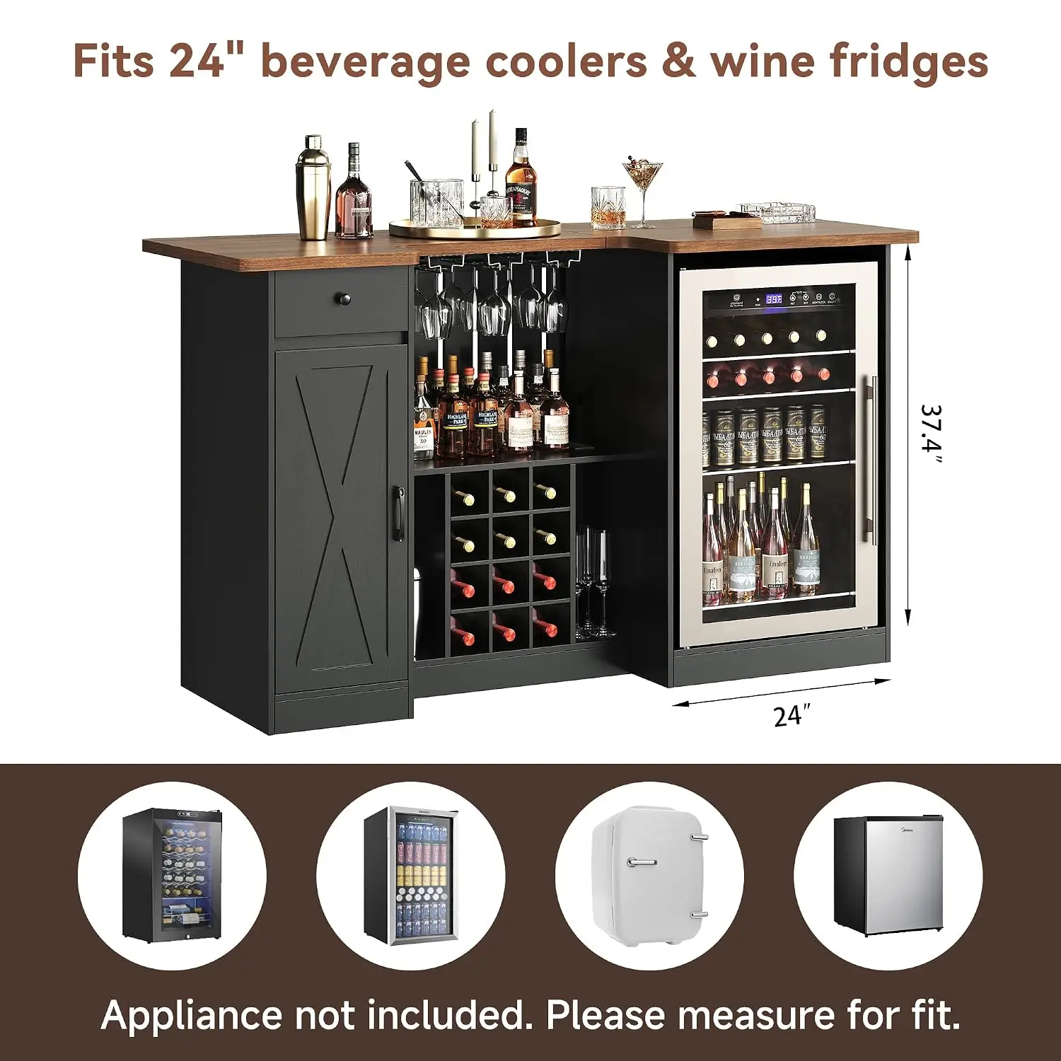 72" U-Shape Liquor Cabinet with Fridge Space, Wine Rack & Glass Holder Bar, Storage for Pub Basement Living Room, Customized image 4