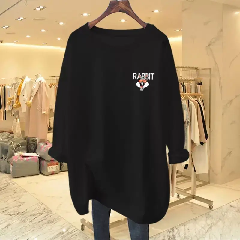 Fashion Printing Letter Cotton Mid Length Version T-shirt Women Classic Long Sleeve O-collar Loose All-match Korean Casual Top