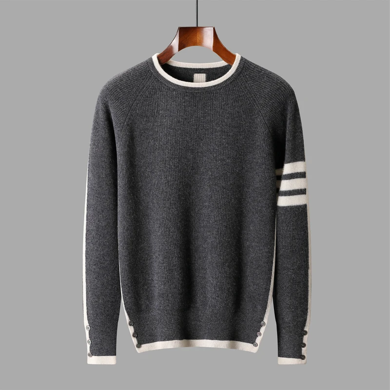 

CHICUU Men's Thick 100% Wool Sweater O-neck Long Sleeve Pullover Autumn Winter Basic Cashmere Knitwear Striped Sleeve Clothes