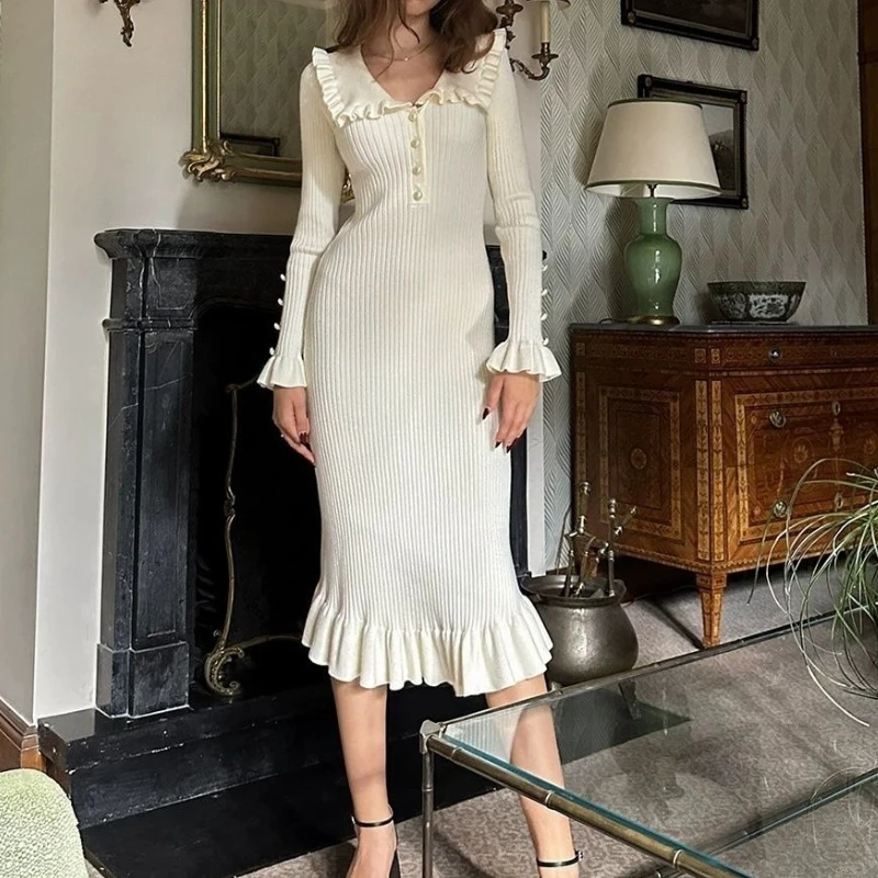 Deeptown Black Elegant Vintage Women Knitted Long Skirt Long Sleeve Party Dresses Sweet Ruffle Patchwork Sweater Maxi Dress Slim