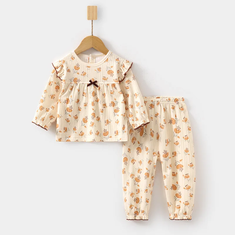 Baby Suit Children's Spring and Autumn Underwear Long Johns Boys and Girls Baby Cotton Home Wear Printed Jacquard Two-Piece Suit