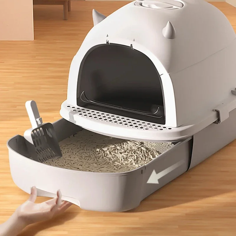 Large Capacity Anti-Odorant Cat Litter Box Plastic Anti-Splash Cat Toilet Completely Enclosed Drawer Style Sandbox Pet