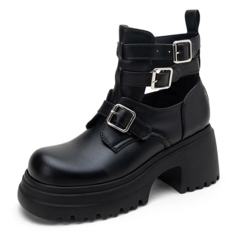 

Черные ботильоны для женщин, осенне-весенняя обувь на платформе в стиле панк на высоком каблуке, обувь для вечеринок, большой размер 45, дизайнерская обувь с пряжкой