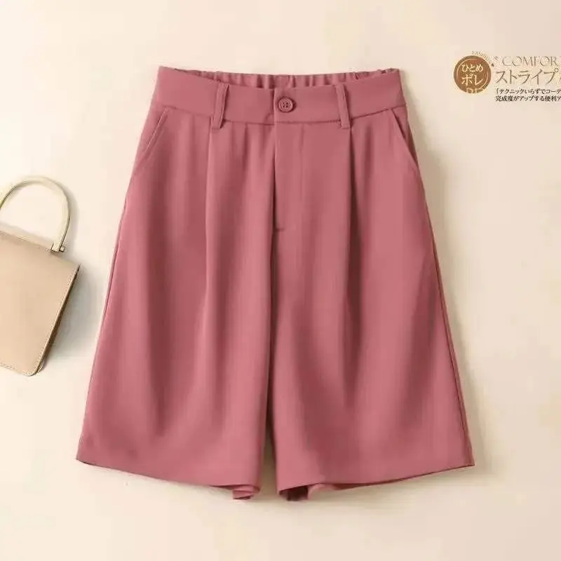 Peach Solid Casual High Waist Wide Leg Pockets Button Loose Women's Shorts Korean Fashion Summer Suit Shorts Women 2024 Summer