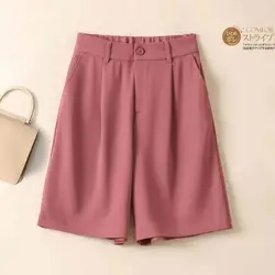 Peach Solid Casual High Waist Wide Leg Pockets Button Loose Women's Shorts Korean Fashion Summer Suit Shorts Women 2024 Summer
