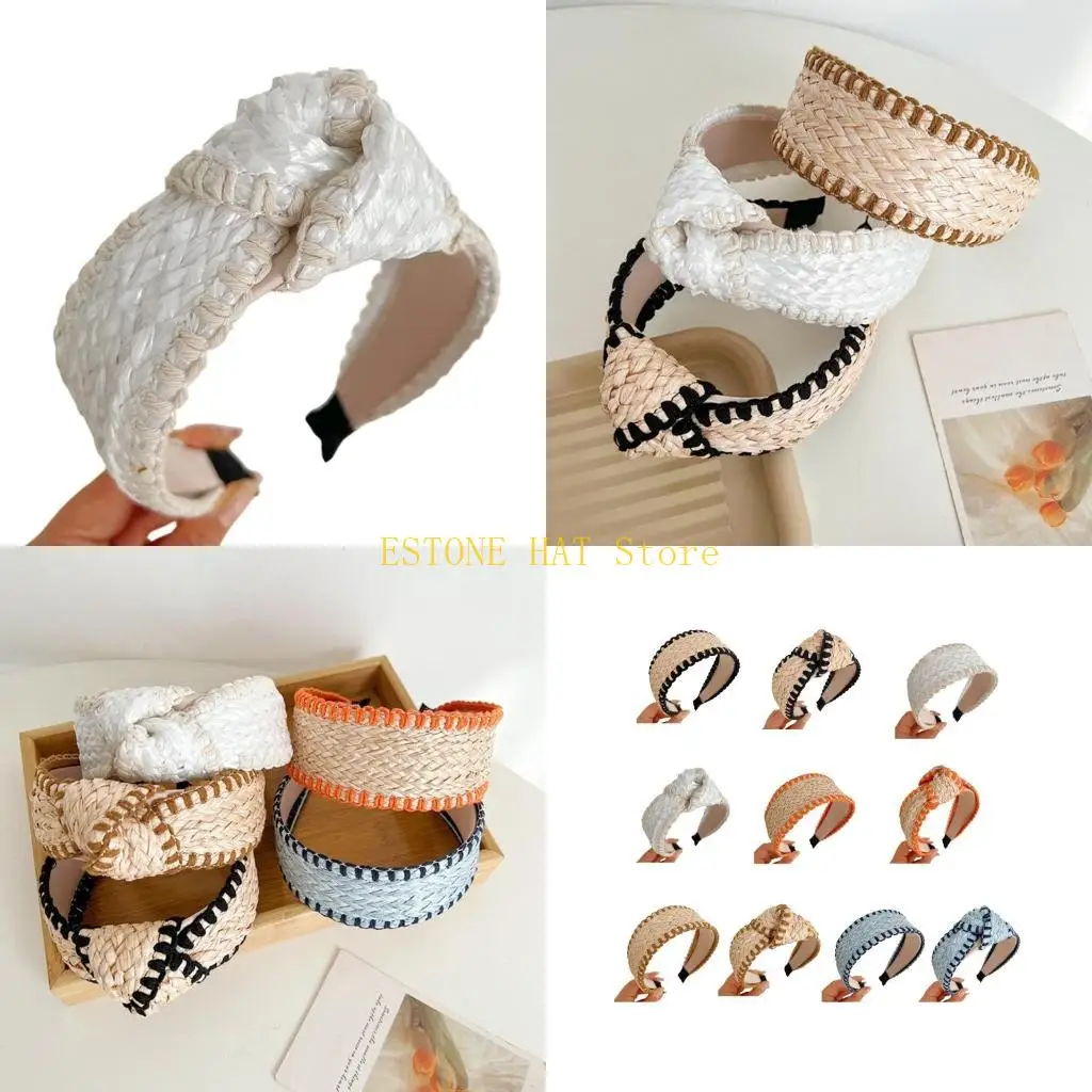 49MF Girls Woven Straw Wide Hair Hoop Eye-catching Lady Hair Headpiece Accessories