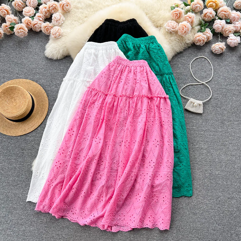 Sweet Hollow Out Embroidery Long Cotton Skirt Elastic Waist Solid Pink Green Crochet Lace A-line Long Boho Skirt