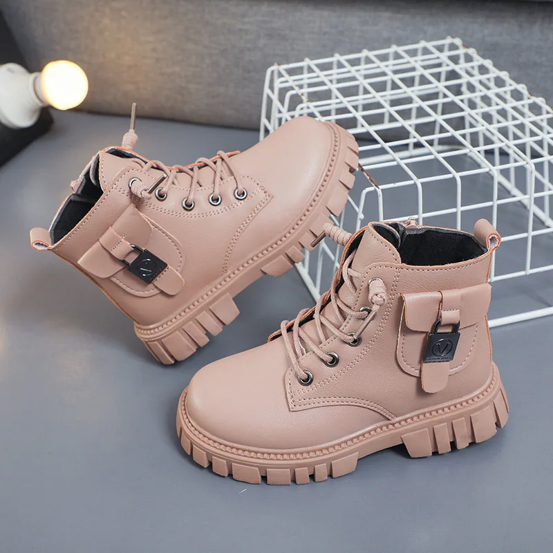 Children\'s Boots New Popular Outdoor Soft Shoes Boys Round Toe Soled Ankle Boots Warm Chunky Flats Girls zipper Leather Shoes