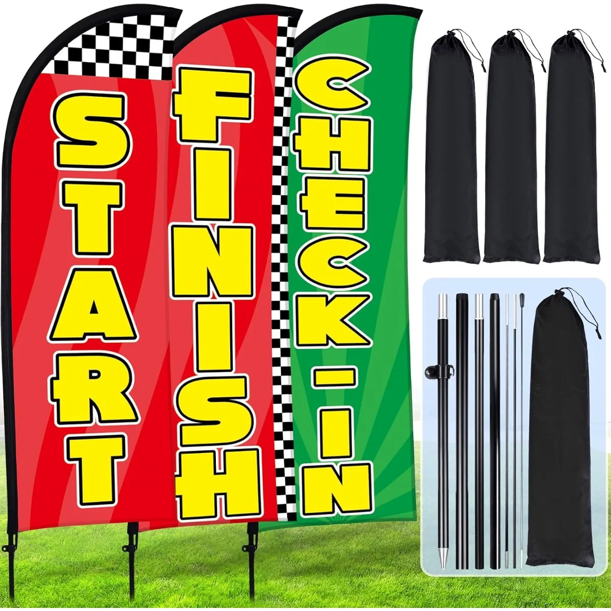 3PCS Feather Flag Set Start Finish Check-in Banner 8FT Swooper Flag with Pole Kit for Marathon Events