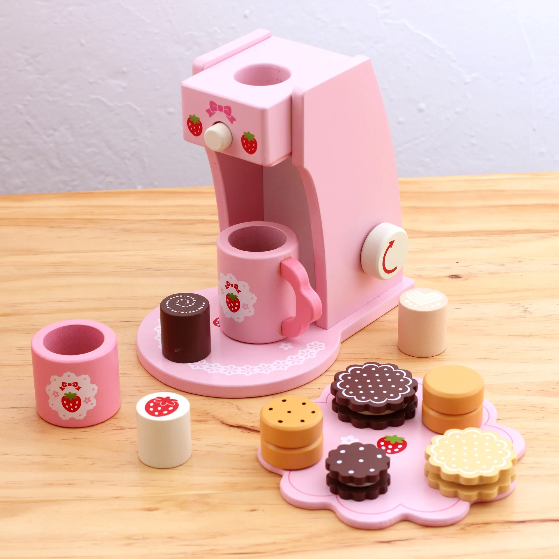 Wooden Pretend Play Kitchen Food Strawberry Simulation Kit Cooking  Toys Kids Ice Cream Stand Afternoon Tea Set Educational Gift