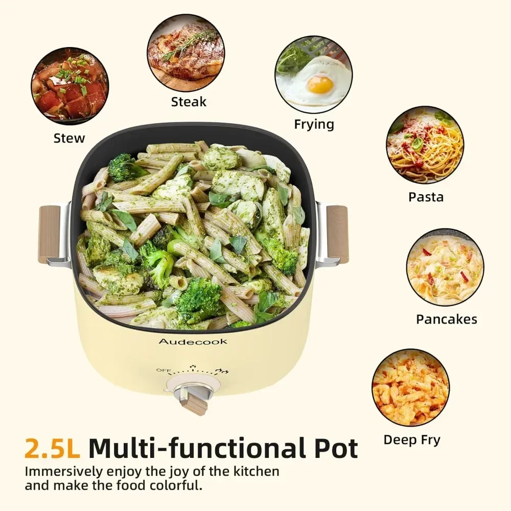 Audecook Hot Pot Electric,2.5L Portable Nonstick Multicooker for1-3 Persons,Honeycomb Texture Travel Electric Skillet,Dual Power