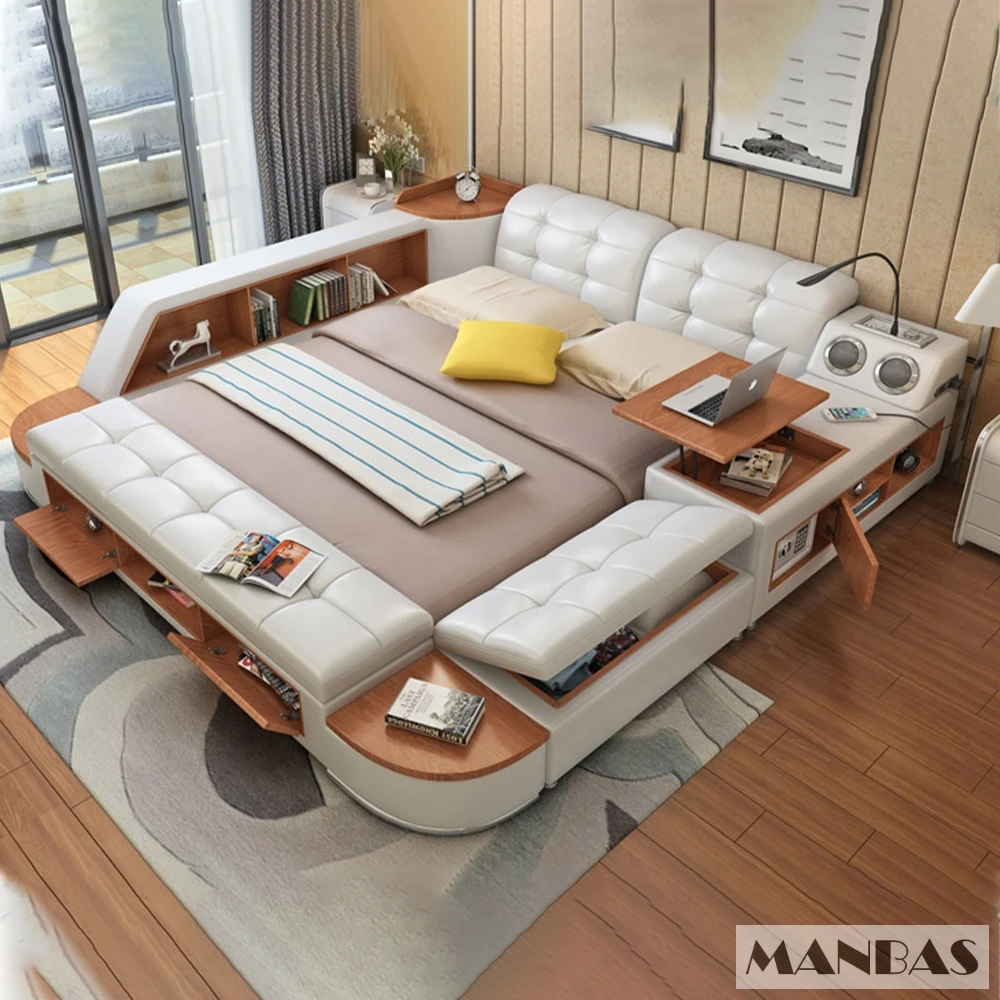 MANBAS Tech Smart Bed Frame | Multifunctional Ultimate Bed with Tatami,Bluetooth and Speaker | Genuine Leather Upholstered Camas