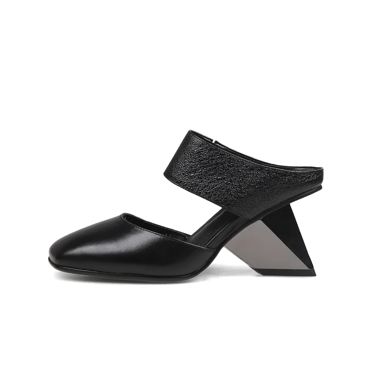 

European Strange Heel Cow e Leather Modern Sandals Round Toe Mules Ladies Sexy HeelsWoman Summer Slippers Fashion Show Shoes