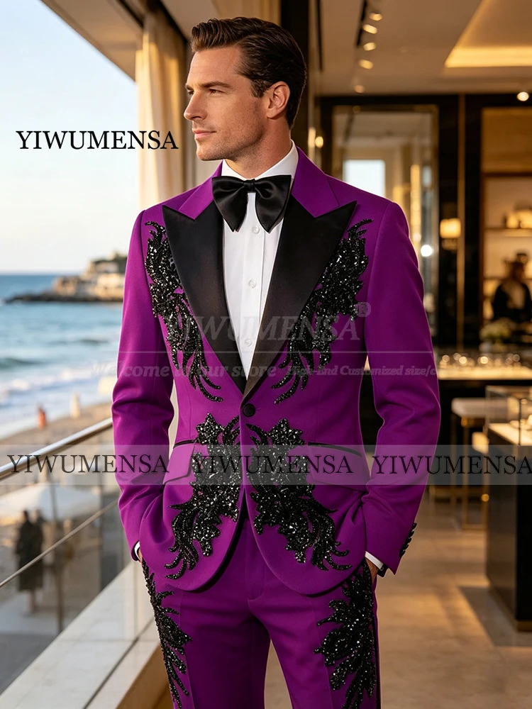 

Brilliant Rhinestones Applique Wedding Suits For Man Single Breasted Prom Blazer Customized 2 Piece Man Fashion Tuxedo Attire