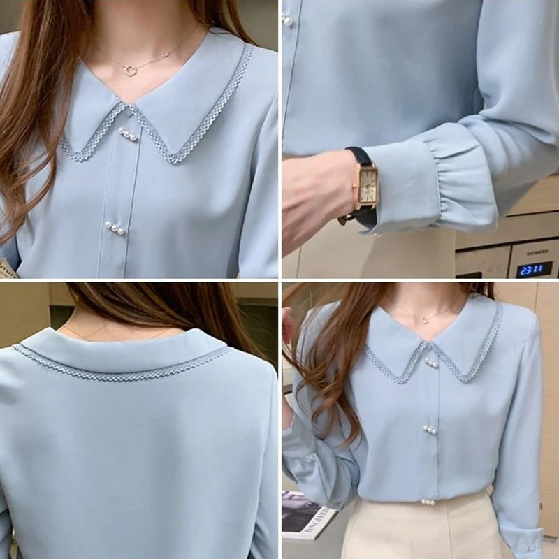 Sweet Peter-pan Collar Blouses Women Chiffon S-3XL Simple Design Ladies OL Long Sleeve Gentle Tender Ins Elegant Lovely Lady New