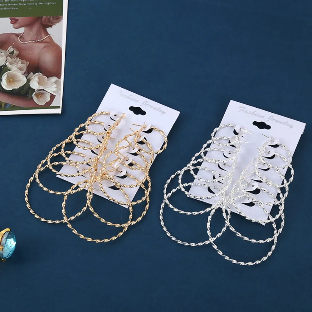 Six Pairs Temperament Fashion Geometric Metal Twisted Large Small Circle Hoop Earrings for Women Korean Designer Jewelry Sets