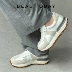 BeauToday Casual Sneakers Women Suede Leather Patchwork Mixed Colors Lace-Up Round Toe Platform Shoes Lady Flats Handmade 29130