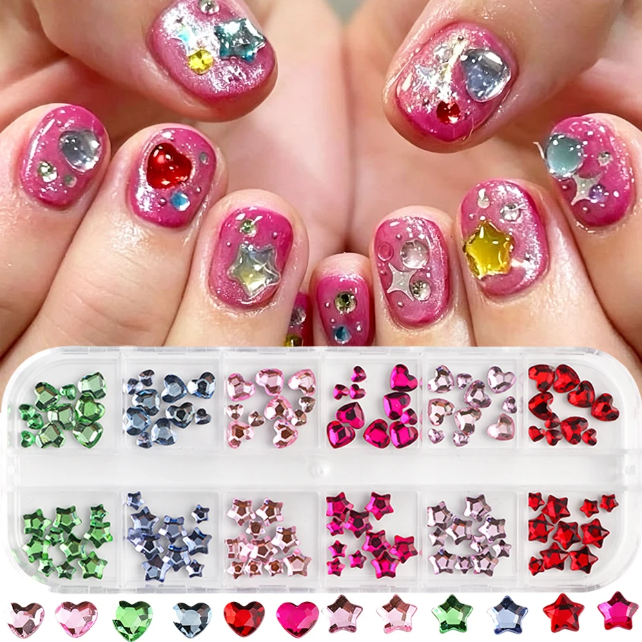 12 Grids Multi‑Color Flat Back Nail Rhinestones Mixed Size Love Heart & Star Shape Nail Charms Japanese Style Nail Decorations