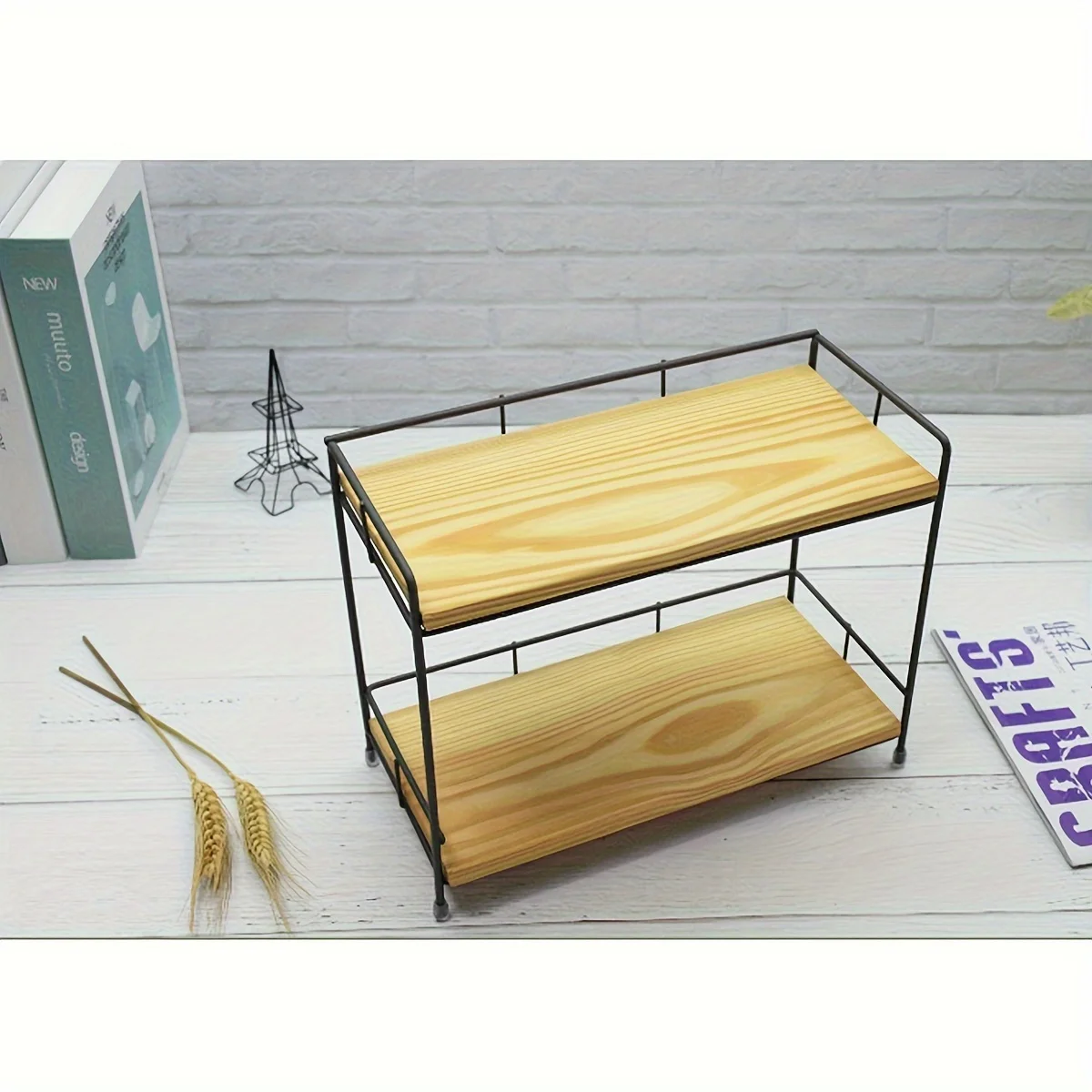 Double layer iron wood seasoning rack, kitchen spice rack, bathroom cabinet rack, washbasin countertop storage rack,