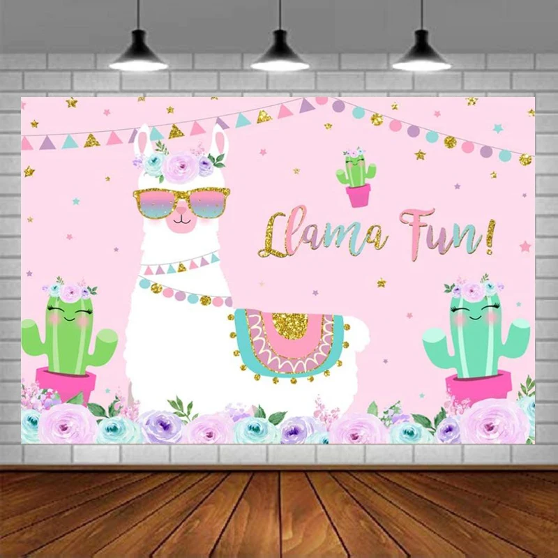 

Photography Backdrop Mexican Llama Cactus Alpaca Baby Shower For Girl Pink Flowers Gold Glitter Kids Birthday Party Background