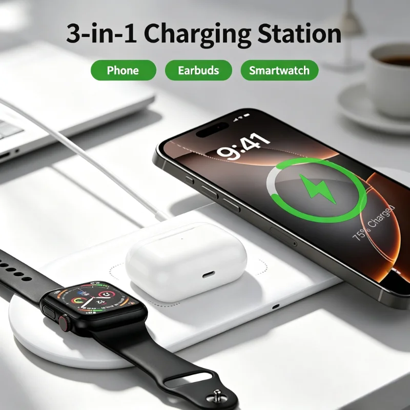 Fast 3 in 1 Wireless Charging Dock Portable Wireless Charger Station Pad for iPhone 17~12 Apple Watch AirPods Pro Smart Charger