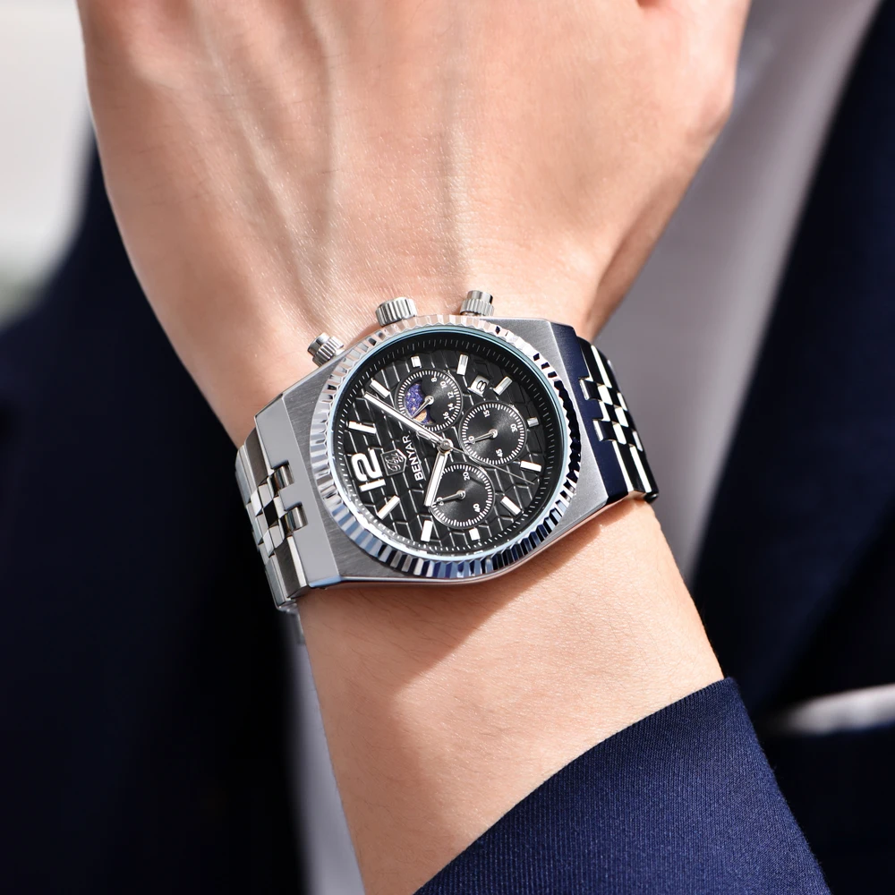 2025 New BENYAR Men's Watches Top Luxury Chronograph Quartz Watch For Men Moon Phase Stainless Steel Waterproof Man Gift Clock
