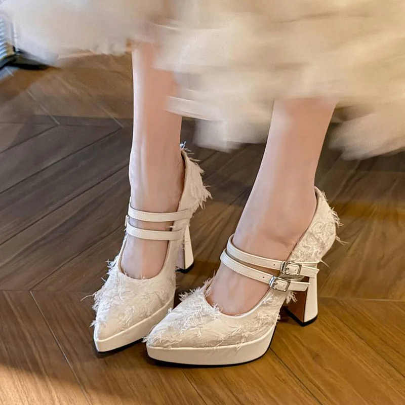 Frayed Lace Upper Platform Block Heel Dual Buckle Straps Women Romantic Summer Wedding Bridal Formal Dress High Heels F90