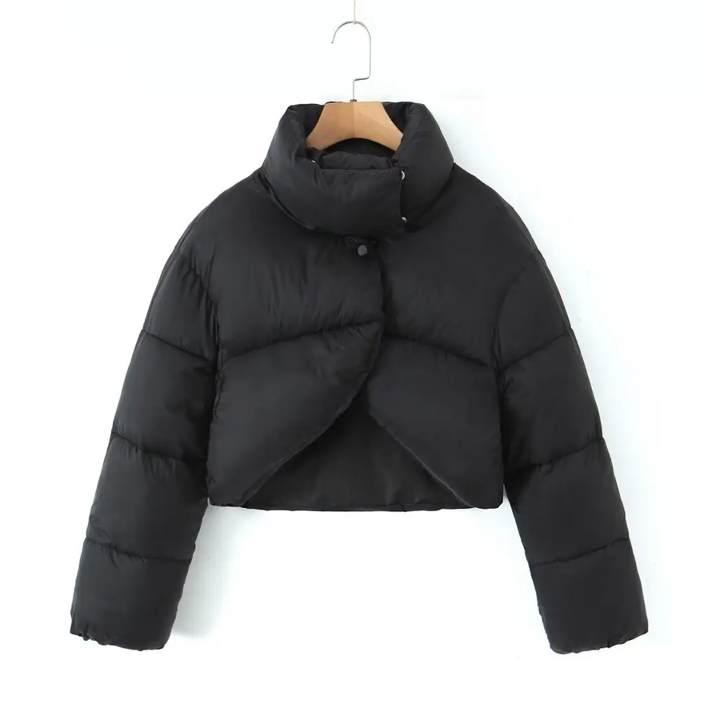 

Women's Short Bread Coat Stand Collar Hidden Buckle Thickened Warm Cotton-Padded Autumn Winter European American Style