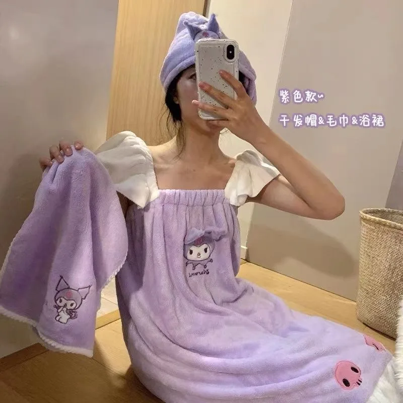 

Kuromi Sanrio Kawaii Anime Soft Bath Skirt Bath Towel Cute Absorbent Towel Cute Dry Hair Cap Wear Bathrobes Toys for Girls