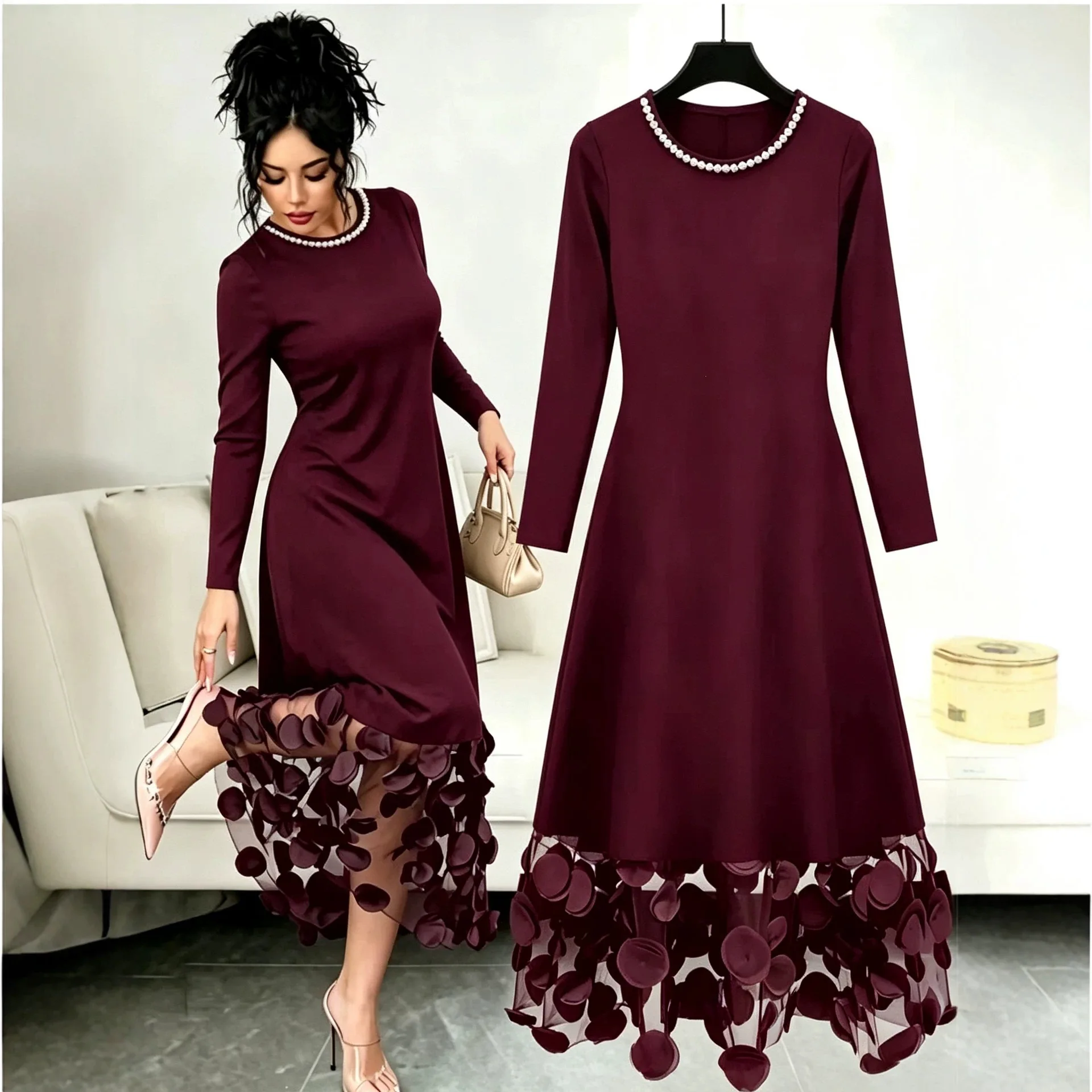 2026 Autumn. New Women's Mesh Long Sleeve Fashion Beaded Elegant Clothes Summer Long Dress Party Robe Prom Outfits