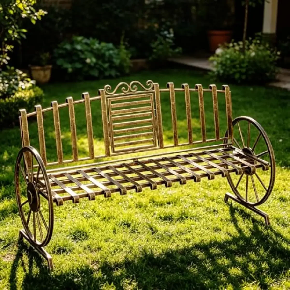 Rustic metal garden bench with flip-down center table for outdoor use – vintage bronze finish – cast iron construction – weather